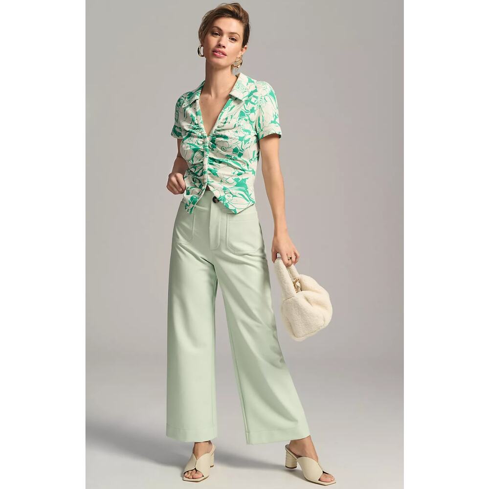 Anthropologie Maeve Ruched Green Floral Short Sleeve Blouse Women's Size Medium